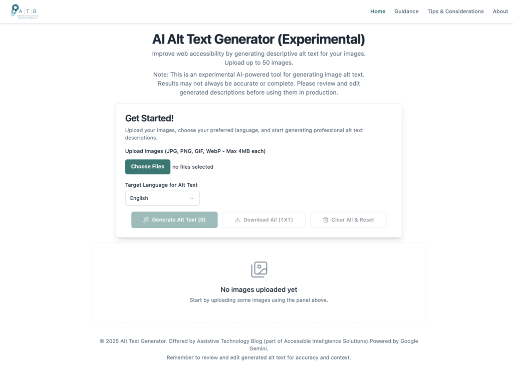 the AI Alt Text Generator's initial interface. Title reads 'AI Alt Text Generator (Experimental).' Controls for uploading files, selecting language (English chosen), and generating alt text are present but inactive. A message states 'No images uploaded yet.'"